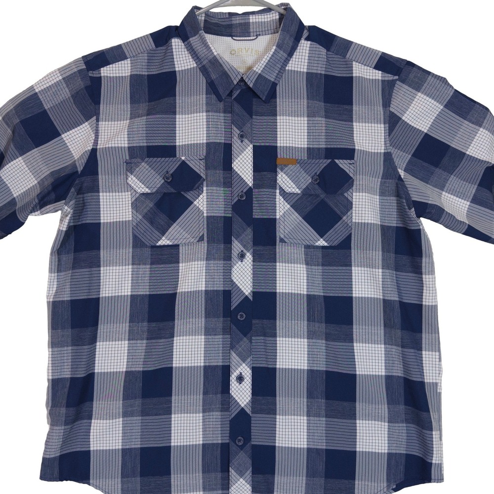 Orvis Button Down Shirt XL Mens Short Sleeve Plaid Dual Pocket Blue